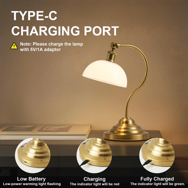 Alt view image 6 of 7 - Cordless Table Lamp, Battery Operated Vintage Desk Light, Brass & White | Rechargeable Small Lamp, Plastic Shade, Swing Arm, 3CCT, Stepless Dimming, for Bedroom Bedside Living Room