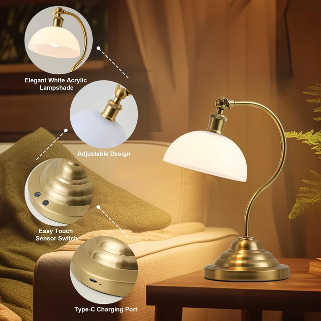 Alt view image 7 of 7 - Cordless Table Lamp, Battery Operated Vintage Desk Light, Brass & White | Rechargeable Small Lamp, Plastic Shade, Swing Arm, 3CCT, Stepless Dimming, for Bedroom Bedside Living Room