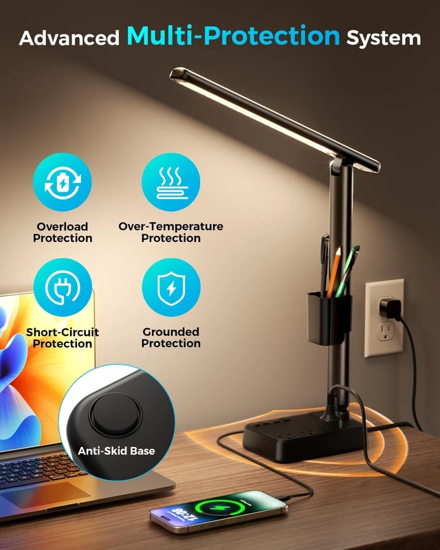 Alt view image 2 of 7 - LED Desk Lamp with Power Strip, 3 AC Outlets, 4 USB Ports, Stepless Dimming
