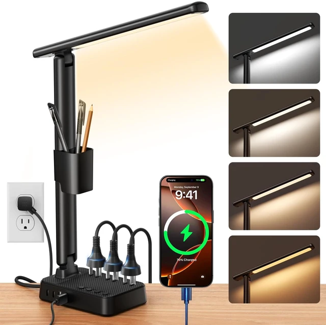 Main image of LED Desk Lamp with Power Strip, 3 AC Outlets, 4 USB Ports, Stepless Dimming