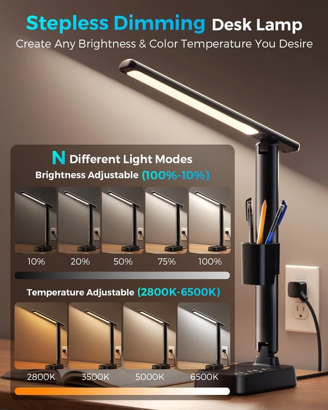 Alt view image 5 of 7 - LED Desk Lamp with Power Strip, 3 AC Outlets, 4 USB Ports, Stepless Dimming