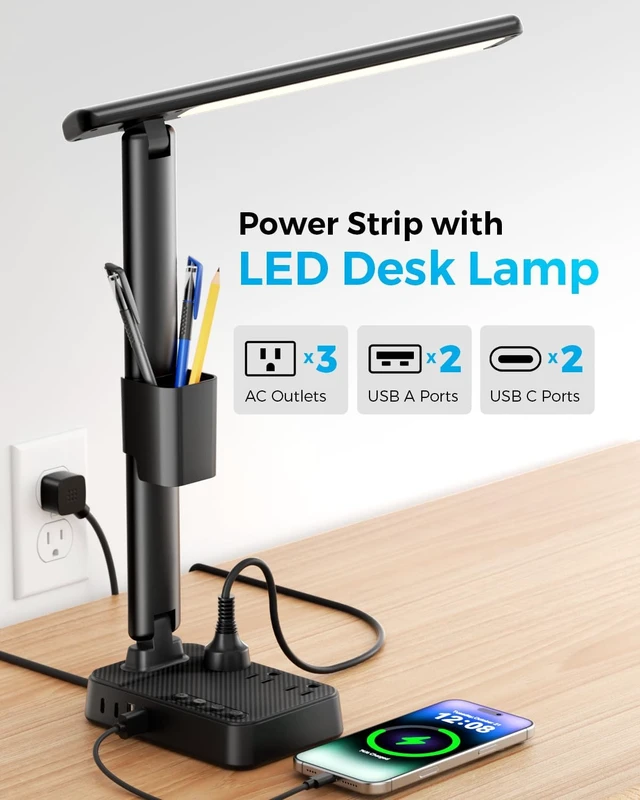Alt view image 7 of 7 - LED Desk Lamp with Power Strip, 3 AC Outlets, 4 USB Ports, Stepless Dimming