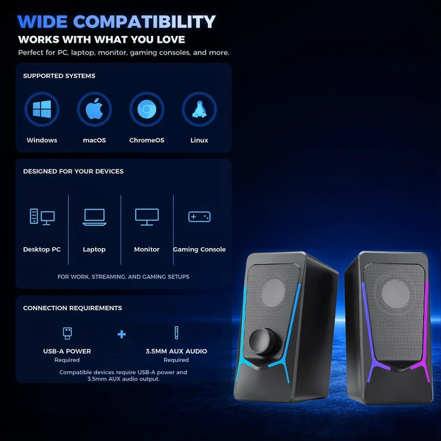 Alt view image 6 of 7 - Computer Speakers for Desktop PC, Gaming Speaker with Volume Control | Compact 2.0 Channel Stereo Desktop & Laptop Speaker, 6W, Enhanced Auido Quality, Plug & Play USB Powered, 3.5mm AUX.