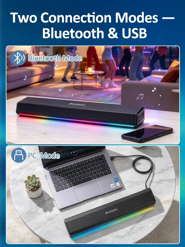 Alt view image 3 of 6 - PC Soundbar,30W RGB Computer Speakers for Desktop,Monitor,Laptop | Bluetooth 5.0 and USB Connection,Battery Powered Speaker for PC, Gaming Speaker