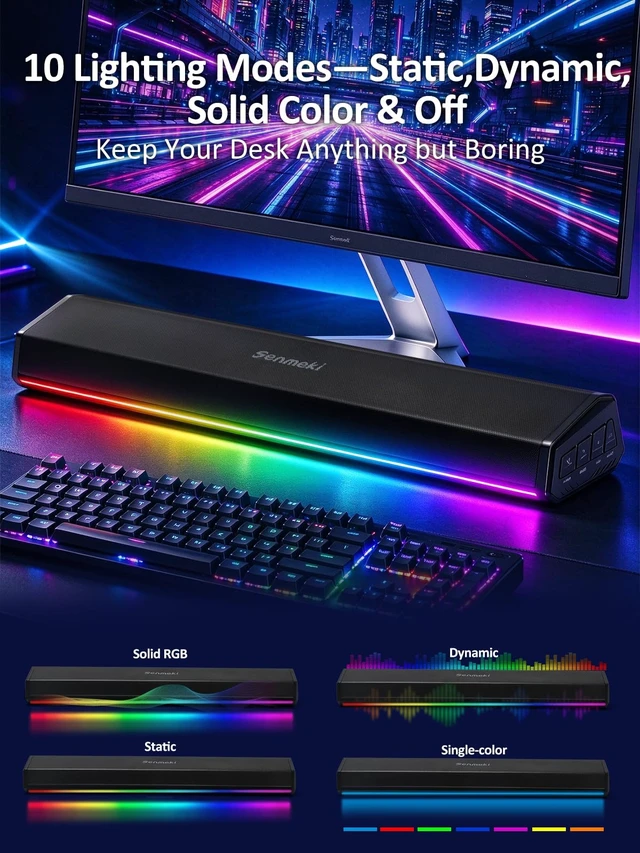Alt view image 4 of 6 - PC Soundbar,30W RGB Computer Speakers for Desktop,Monitor,Laptop | Bluetooth 5.0 and USB Connection,Battery Powered Speaker for PC, Gaming Speaker