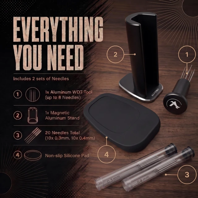 Alt view image 7 of 7 - WDT Tool Espresso Distribution Tool Stirrer, Matte Black | Magnetic Weighted Aluminum Stand with Catch Tray, Separate Non-Slip Silicone Pad, 20 Interchangeable Needles.