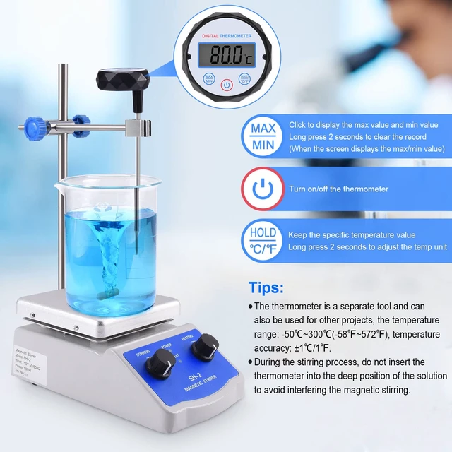 Alt view image 5 of 7 - Magnetic Stirrer SH-2 Hot Plate Mixer Max 520 Lab Hotplate Stirrer 2000 RPM Stir Plate with Thermometer, Stir Bar and Support Stand