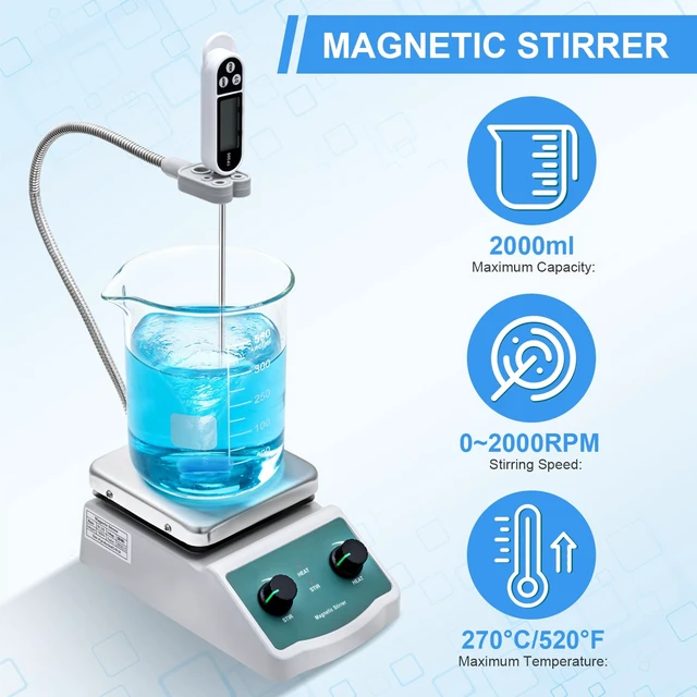 Alt view image 2 of 7 - Magnetic Stirrer Hot Plate, Mixer with 2L Stirring Capacity, Up to 520°F, 0-2000 RPM Adjustable Speed, 4.7 x 4.7 inch Hot Plate, Includes Magnetic Stir Bar & Support Stand