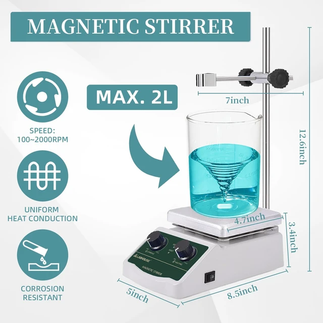 Alt view image 2 of 7 - LHS-2 Magnetic Stirrer Hot Plate, 300°C/572°F, 2000RPM, 2L | Plate surface temp up to 300°C, PTFE stir bars & recycler, support stand, variable speed, for lab heating & mixing