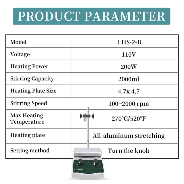 Alt view image 6 of 7 - LHS-2 Magnetic Stirrer Hot Plate, 300°C/572°F, 2000RPM, 2L | Plate surface temp up to 300°C, PTFE stir bars & recycler, support stand, variable speed, for lab heating & mixing