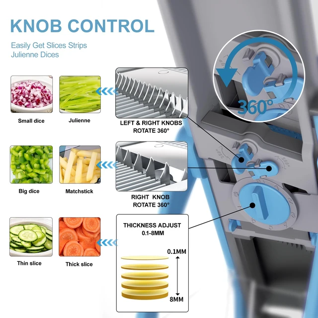 Alt view image 4 of 6 - Safe Mandoline Slicer for Kitchen, Vegetable Chopper, Zucchini Spiralizer | Safe Mandoline Slicer, French Fry Cutter For Potatoes, Potato Slicer, Food Chopper, Adjustable Thickness 0.1-8 mm with Brush