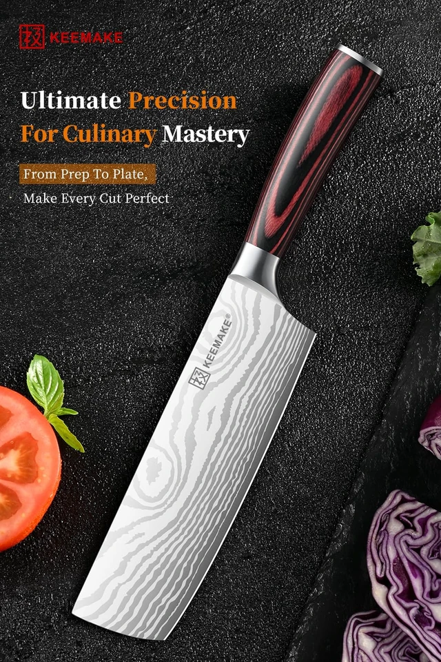 Alt view image 3 of 7 - 7 Inch Nakiri Knife, Japanese Kitchen Vegetable Cleaver | Razor Sharp German High Carbon Meat Slicing Cutter, Ergonomic Pakkawood Handle with Sheath, Knife Enthusiast Gifts