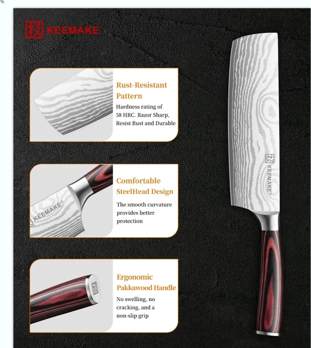Alt view image 4 of 7 - 7 Inch Nakiri Knife, Japanese Kitchen Vegetable Cleaver | Razor Sharp German High Carbon Meat Slicing Cutter, Ergonomic Pakkawood Handle with Sheath, Knife Enthusiast Gifts