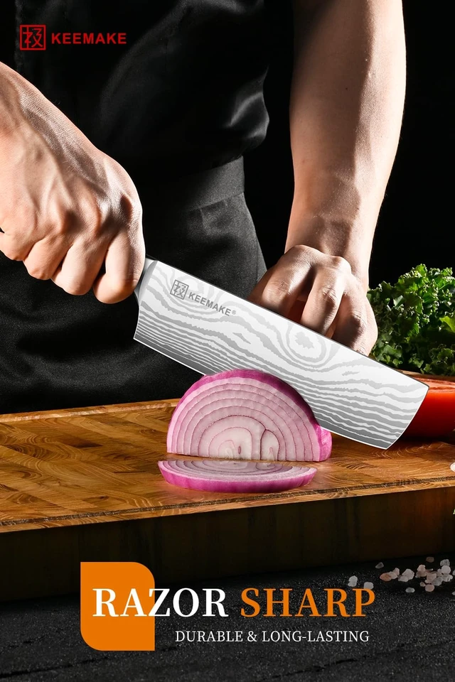 Alt view image 5 of 7 - 7 Inch Nakiri Knife, Japanese Kitchen Vegetable Cleaver | Razor Sharp German High Carbon Meat Slicing Cutter, Ergonomic Pakkawood Handle with Sheath, Knife Enthusiast Gifts