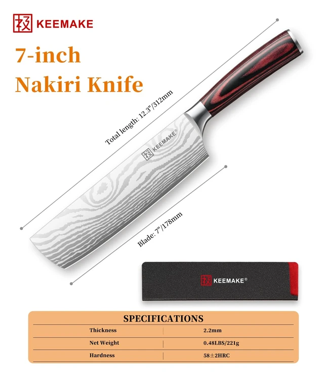 Alt view image 6 of 7 - 7 Inch Nakiri Knife, Japanese Kitchen Vegetable Cleaver | Razor Sharp German High Carbon Meat Slicing Cutter, Ergonomic Pakkawood Handle with Sheath, Knife Enthusiast Gifts