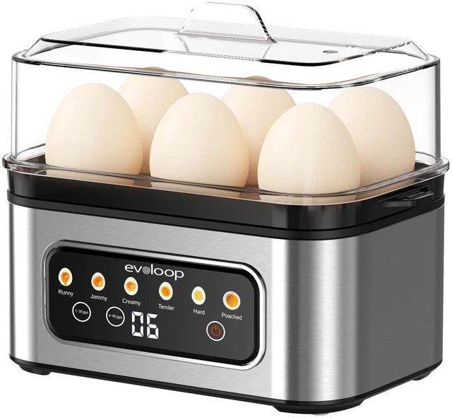 Main image of Smart Rapid Egg Cooker, 6-Egg Boiler for Hard, Soft, Poached, Auto Shut-Off | Touch Control, Egg Poacher, Omelet Maker, Stainless Steel, Buzzer Alert, Compact, BPA Free
