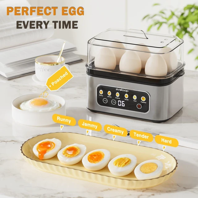 Alt view image 2 of 7 - Smart Rapid Egg Cooker, 6-Egg Boiler for Hard, Soft, Poached, Auto Shut-Off | Touch Control, Egg Poacher, Omelet Maker, Stainless Steel, Buzzer Alert, Compact, BPA Free
