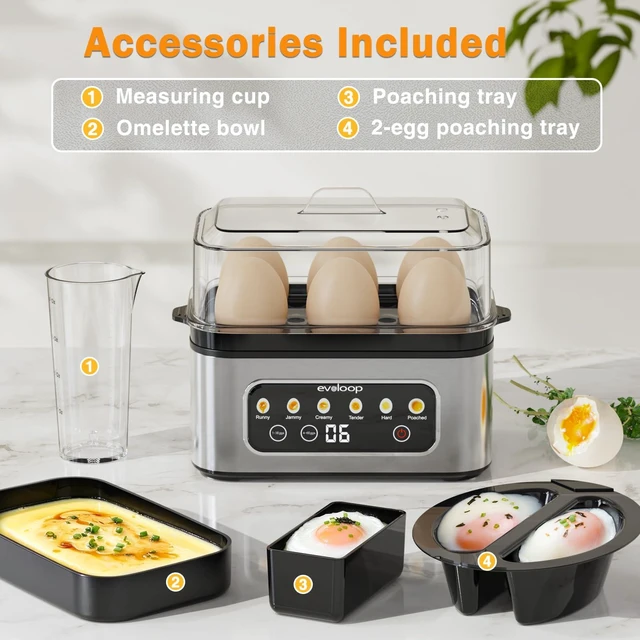 Alt view image 4 of 7 - Smart Rapid Egg Cooker, 6-Egg Boiler for Hard, Soft, Poached, Auto Shut-Off | Touch Control, Egg Poacher, Omelet Maker, Stainless Steel, Buzzer Alert, Compact, BPA Free