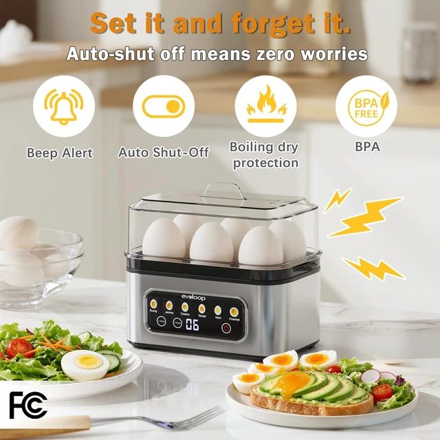 Alt view image 6 of 7 - Smart Rapid Egg Cooker, 6-Egg Boiler for Hard, Soft, Poached, Auto Shut-Off | Touch Control, Egg Poacher, Omelet Maker, Stainless Steel, Buzzer Alert, Compact, BPA Free