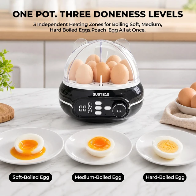 Alt view image 2 of 7 - Rapid Egg Cooker 9 Eggs, Soft, Medium, Hard Boiled, Poached | 3-Zone Separate Cooking, Electric Egg Poacher, Kitchen Egg Steamer, Auto Shut-Off, Smart Voice Prompts, Timer Function, Black
