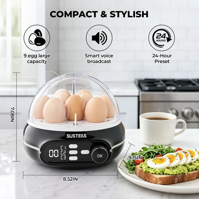 Alt view image 3 of 7 - Rapid Egg Cooker 9 Eggs, Soft, Medium, Hard Boiled, Poached | 3-Zone Separate Cooking, Electric Egg Poacher, Kitchen Egg Steamer, Auto Shut-Off, Smart Voice Prompts, Timer Function, Black