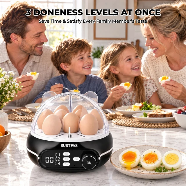 Alt view image 5 of 7 - Rapid Egg Cooker 9 Eggs, Soft, Medium, Hard Boiled, Poached | 3-Zone Separate Cooking, Electric Egg Poacher, Kitchen Egg Steamer, Auto Shut-Off, Smart Voice Prompts, Timer Function, Black