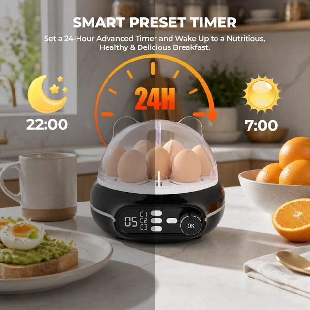 Alt view image 6 of 7 - Rapid Egg Cooker 9 Eggs, Soft, Medium, Hard Boiled, Poached | 3-Zone Separate Cooking, Electric Egg Poacher, Kitchen Egg Steamer, Auto Shut-Off, Smart Voice Prompts, Timer Function, Black