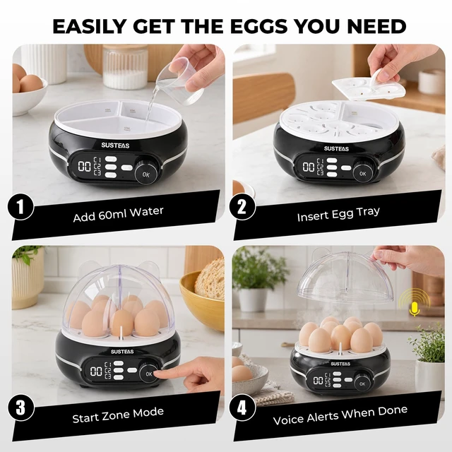 Alt view image 7 of 7 - Rapid Egg Cooker 9 Eggs, Soft, Medium, Hard Boiled, Poached | 3-Zone Separate Cooking, Electric Egg Poacher, Kitchen Egg Steamer, Auto Shut-Off, Smart Voice Prompts, Timer Function, Black