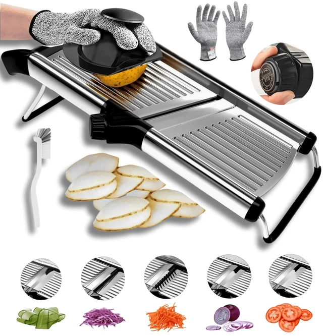 Main image of Adjustable Mandoline Slicer for Kitchen French Fry Cutter, Potato Slicer Vegetable Slicer Tomato Slicer in Kitchen Essentials with Resistant Gloves- Stainless Steel Mandolin vegetable cutter