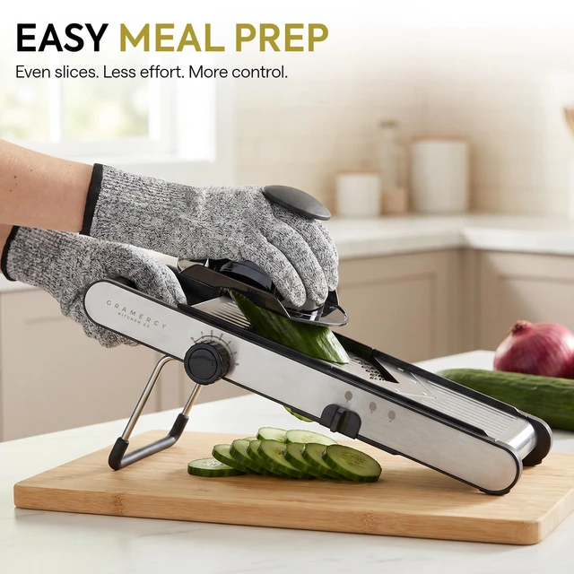 Alt view image 2 of 7 - Slicer for Kitchen, Adjustable V-Blade, 36 Slice Options | Make Even Cuts with One Dial, 6 Thickness Levels, Straight, Waffle-Edge, Thick, Julienne, Safety Lock, Gloves, Cleaning Brush