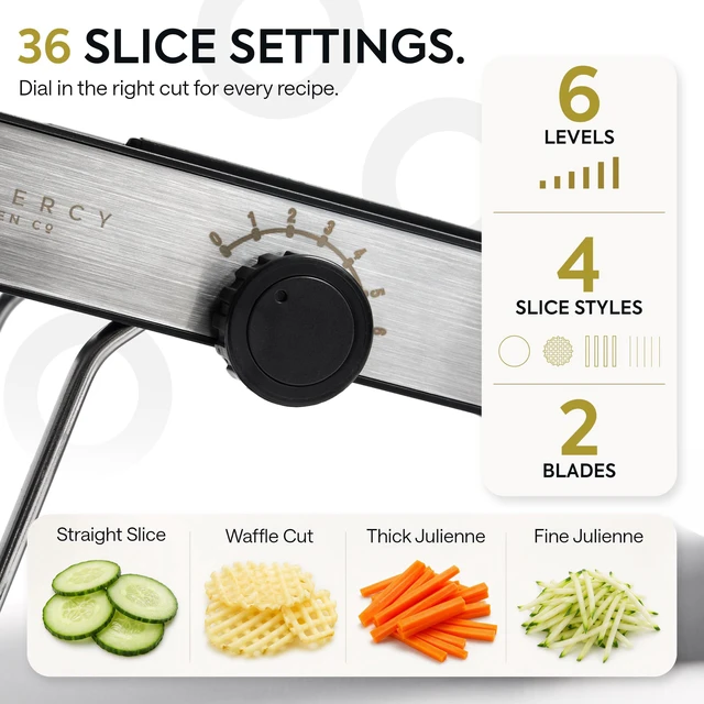 Alt view image 3 of 7 - Slicer for Kitchen, Adjustable V-Blade, 36 Slice Options | Make Even Cuts with One Dial, 6 Thickness Levels, Straight, Waffle-Edge, Thick, Julienne, Safety Lock, Gloves, Cleaning Brush