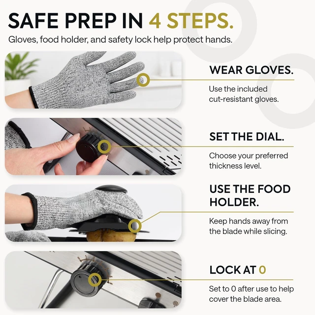 Alt view image 4 of 7 - Slicer for Kitchen, Adjustable V-Blade, 36 Slice Options | Make Even Cuts with One Dial, 6 Thickness Levels, Straight, Waffle-Edge, Thick, Julienne, Safety Lock, Gloves, Cleaning Brush