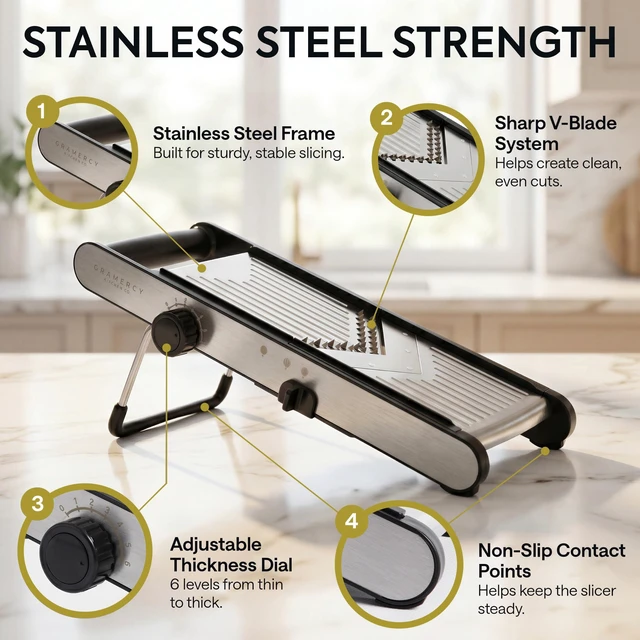 Alt view image 6 of 7 - Slicer for Kitchen, Adjustable V-Blade, 36 Slice Options | Make Even Cuts with One Dial, 6 Thickness Levels, Straight, Waffle-Edge, Thick, Julienne, Safety Lock, Gloves, Cleaning Brush