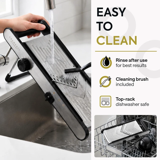 Alt view image 7 of 7 - Slicer for Kitchen, Adjustable V-Blade, 36 Slice Options | Make Even Cuts with One Dial, 6 Thickness Levels, Straight, Waffle-Edge, Thick, Julienne, Safety Lock, Gloves, Cleaning Brush