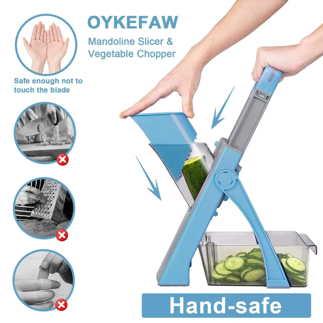 Alt view image 4 of 6 - Safe Mandoline Slicer for Kitchen, 6 in 1 Vegetable Chopper, Potato Slicer | Safe Slicer, French Fry Cutter For Potatoes, Potato Slicer, Food Chopper, Adjustable Thickness 0.1-8 mm with Brush