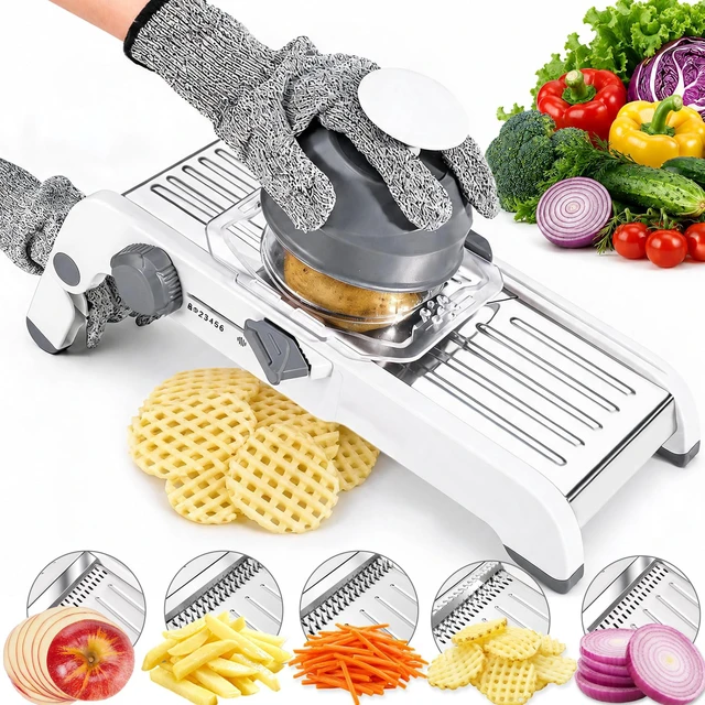 Main image of Mandoline Slicer for Kitchen-Finger Safe Track, Adjustable Vegetable Slicer | Waffle & French Fry Cutter, Dishwasher Safe, Removable Plug-in Blades, Vegetable Chopper, Veggie Slicer, Cheese Grater