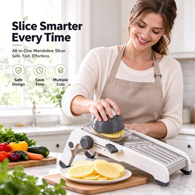 Alt view image 3 of 7 - Mandoline Slicer for Kitchen-Finger Safe Track, Adjustable Vegetable Slicer | Waffle & French Fry Cutter, Dishwasher Safe, Removable Plug-in Blades, Vegetable Chopper, Veggie Slicer, Cheese Grater