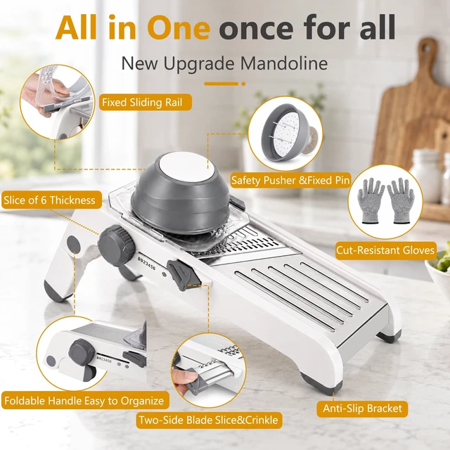 Alt view image 2 of 7 - Mandoline Slicer for Kitchen-Finger Safe Track, Adjustable Vegetable Slicer | Waffle & French Fry Cutter, Dishwasher Safe, Removable Plug-in Blades, Vegetable Chopper, Veggie Slicer, Cheese Grater