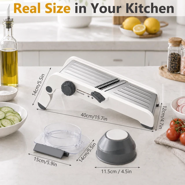 Alt view image 4 of 7 - Mandoline Slicer for Kitchen-Finger Safe Track, Adjustable Vegetable Slicer | Waffle & French Fry Cutter, Dishwasher Safe, Removable Plug-in Blades, Vegetable Chopper, Veggie Slicer, Cheese Grater