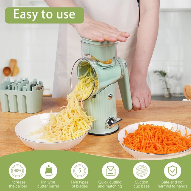 Alt view image 3 of 7 - Rotary Cheese Grater | 5 Different Blades, Suction Cup Base, Vegetable Cutter Slicer Chopper, Food Grade Material