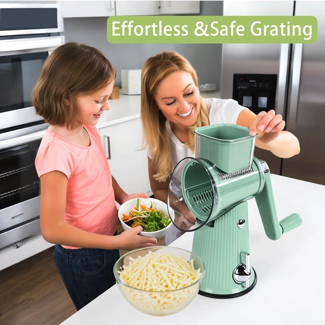 Alt view image 6 of 7 - Rotary Cheese Grater | 5 Different Blades, Suction Cup Base, Vegetable Cutter Slicer Chopper, Food Grade Material