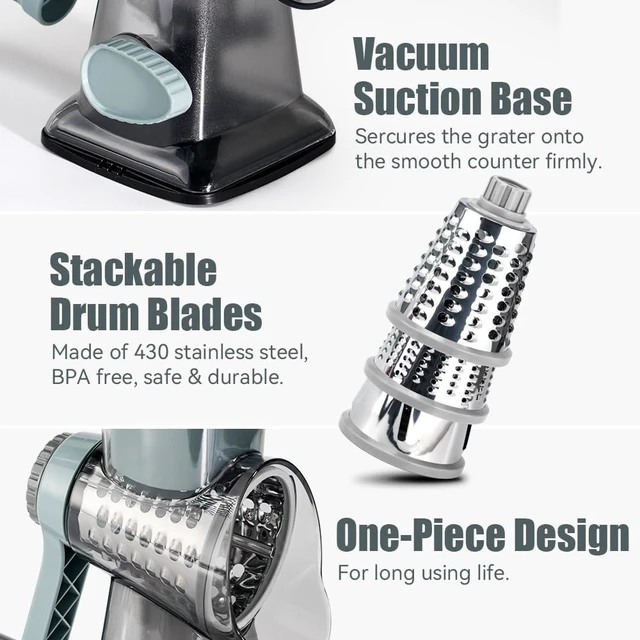 Alt view image 5 of 7 - Rotary Cheese Grater, Hand Crank Shredder Slicer | 3 Blades, 430 Stainless Steel, Labor-Saving, Time-saving, Stable Suction, Food-Grade Plastic, for Cheese Vegetable Nuts