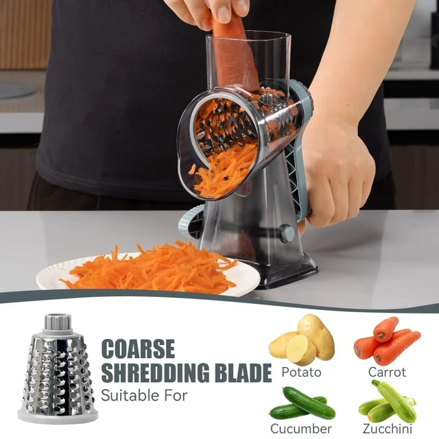 Alt view image 2 of 7 - Rotary Cheese Grater, Hand Crank Shredder Slicer | 3 Blades, 430 Stainless Steel, Labor-Saving, Time-saving, Stable Suction, Food-Grade Plastic, for Cheese Vegetable Nuts