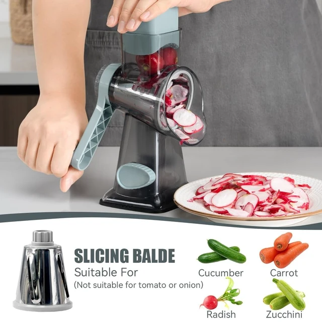 Alt view image 4 of 7 - Rotary Cheese Grater, Hand Crank Shredder Slicer | 3 Blades, 430 Stainless Steel, Labor-Saving, Time-saving, Stable Suction, Food-Grade Plastic, for Cheese Vegetable Nuts