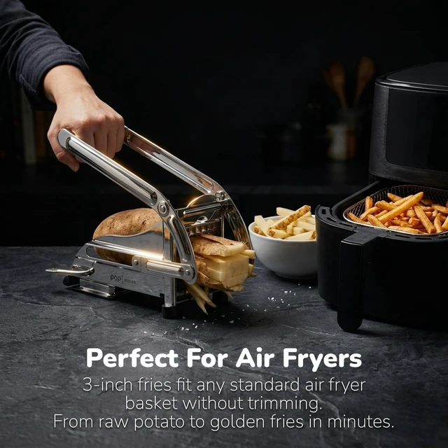 Alt view image 2 of 7 - French Fry Cutter, Dishwasher Safe Stainless Steel Potato & Vegetable Slicer, 2 Blade Sizes (1/2" & 3/8"), Suction Base, Lifetime Blade Replacement Warranty, Perfect for Air Fryer & Deep Fryer by POP