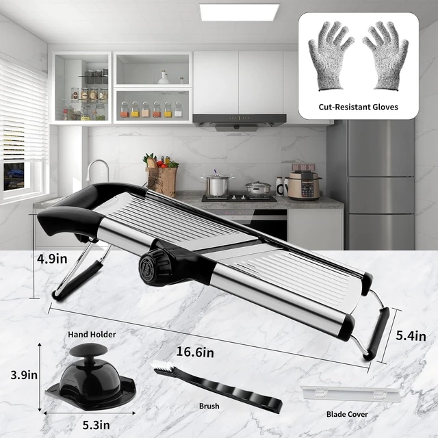Alt view image 5 of 6 - Mandoline Slicer for Kitchen, Vegetable Slicer | Stainless Steel Mandoline Slicer, Adjustable Mandolin, Mandoline, Potato, Veggie and Onion Slicer with Cut-Resistant Gloves