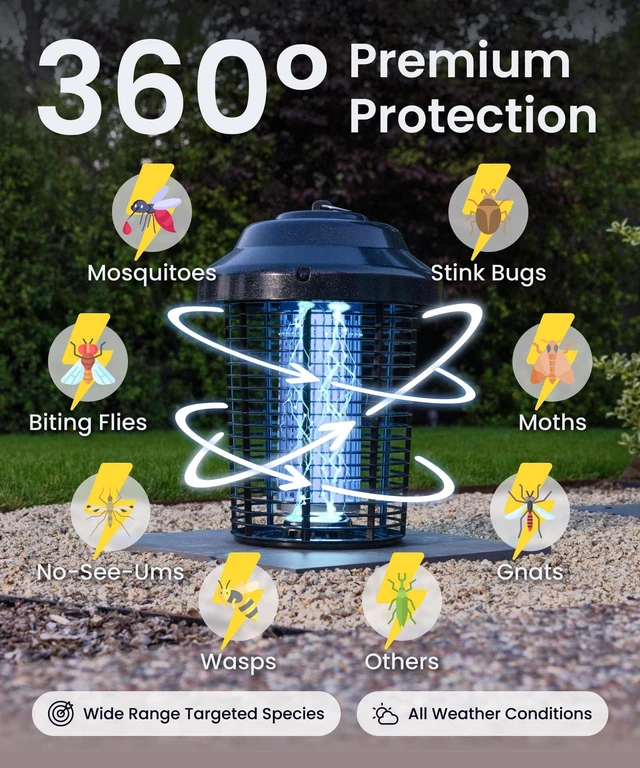 Alt view image 2 of 7 - OMT-E80 In/Outdoor Electronic Insect Killer & Catcher Lamp for Mosquitoes, Gnats, Aedes Mosquitoes, Flies, Moths & More with 2*40W UV Light & 4200V High Voltage Grid, 1.5 Acre Coverage, Black