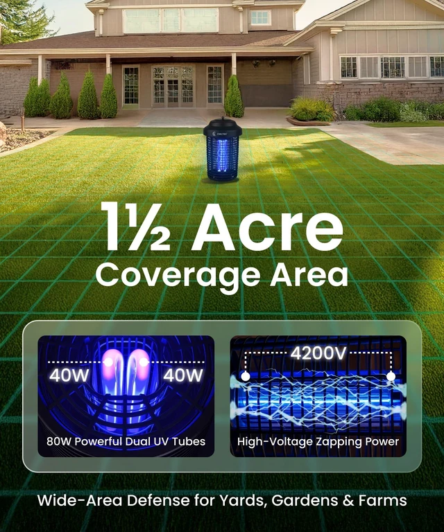 Alt view image 3 of 7 - OMT-E80 In/Outdoor Electronic Insect Killer & Catcher Lamp for Mosquitoes, Gnats, Aedes Mosquitoes, Flies, Moths & More with 2*40W UV Light & 4200V High Voltage Grid, 1.5 Acre Coverage, Black