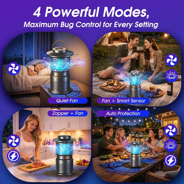 Alt view image 4 of 7 - Cordless Fly Trap, Rechargeable 10000mAh Mosquito Trap & Bug Zapper for Indoor Outdoor Use, Auto Light Sensor, 2-in-1 Suction & Electric Grid, IPX5 Waterproof for Patio, RV, Camping