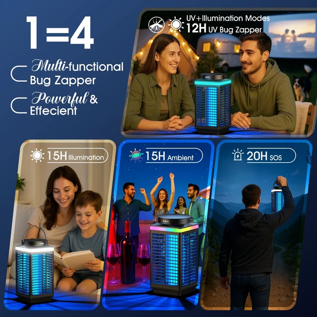 Alt view image 3 of 7 - Bug Zapper Outdoor, 4-in-1 4200V Electric Mosquito Zapper, Rechargeable Bug Zapper Cordless Fly Zapper with 5000mAH Battery, Waterproof IP67, Wireless & Portable Insect Zapper